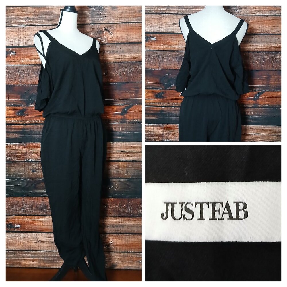 NWT Justfab Jumpsuit M Black Rayon Cold Shoulder Flutter Sleeve Pockets